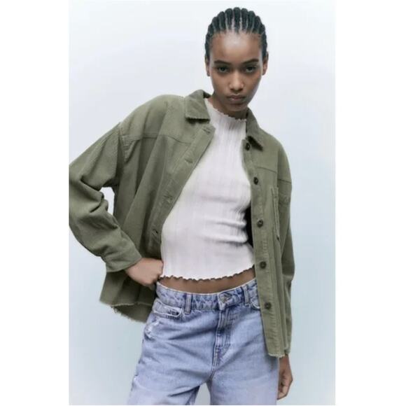 Zara Shacket Womens X Small Green Corduroy‎ Raw Hem Shirt Jacket - Picture 1 of 10